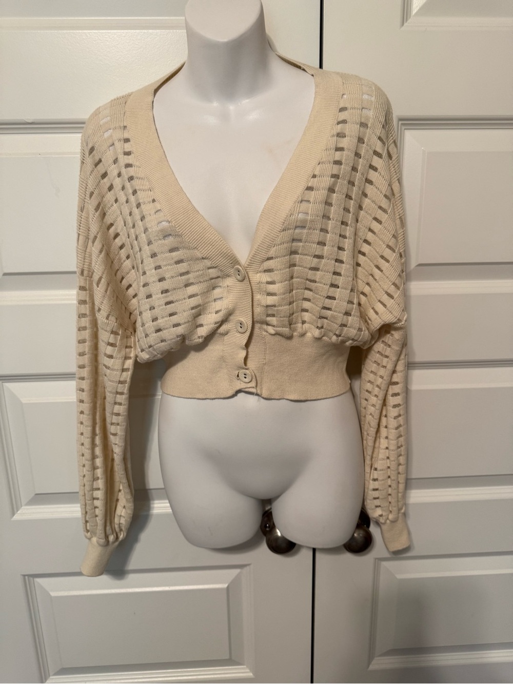Forever 21 Cream Open-Weave Cropped Button Cardigan